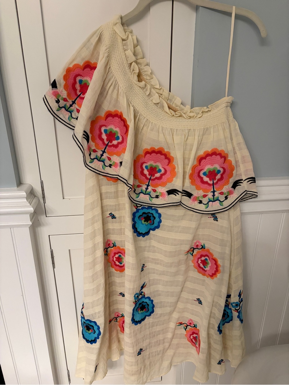 Cream Floral Embroidered One-Shoulder Dress